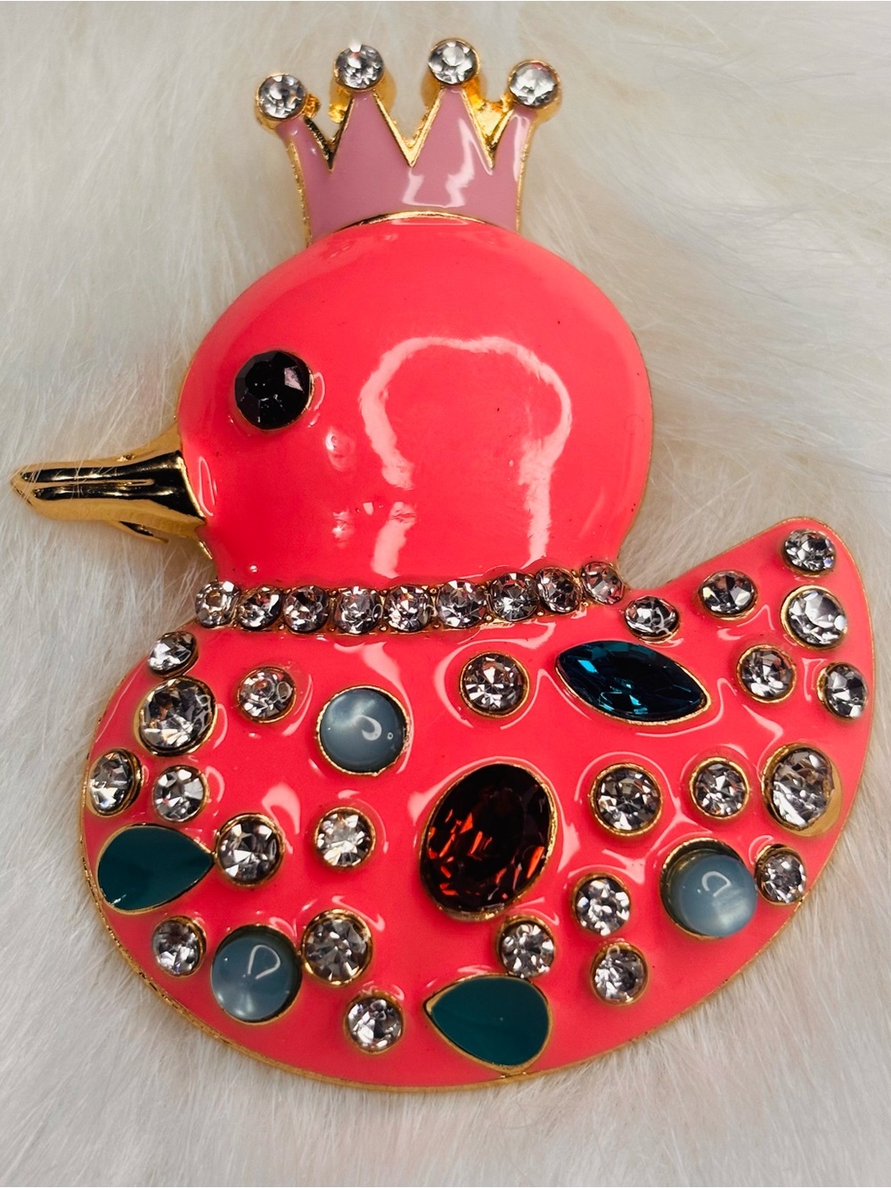 Pink Crowned Duck Brooch | Enamel & Rhinestone Duck Pin | Cute Statement Jewelry